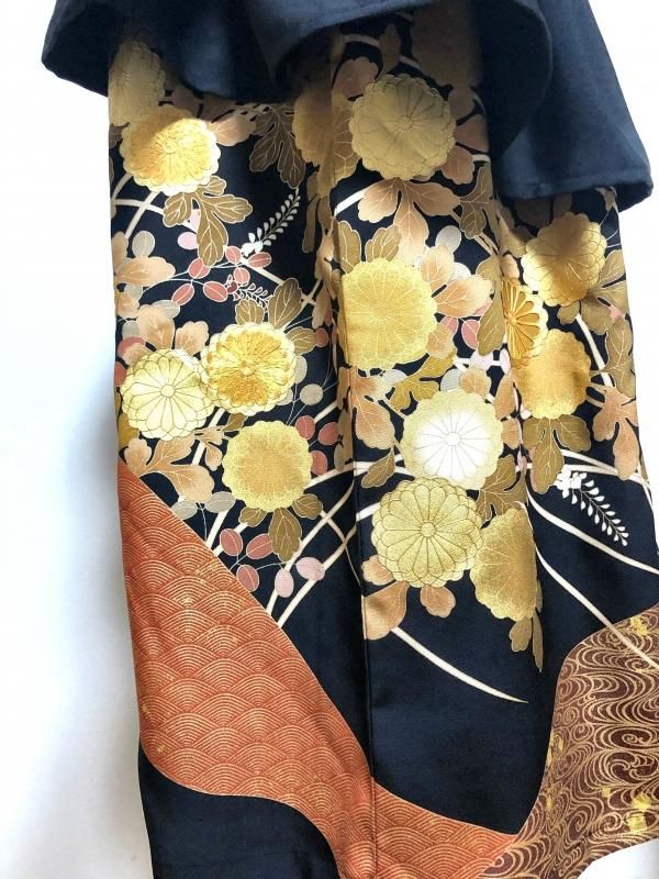 着物リメイクワンピース留袖ドレス合わせ鶴 黒留袖 着物リメイク
