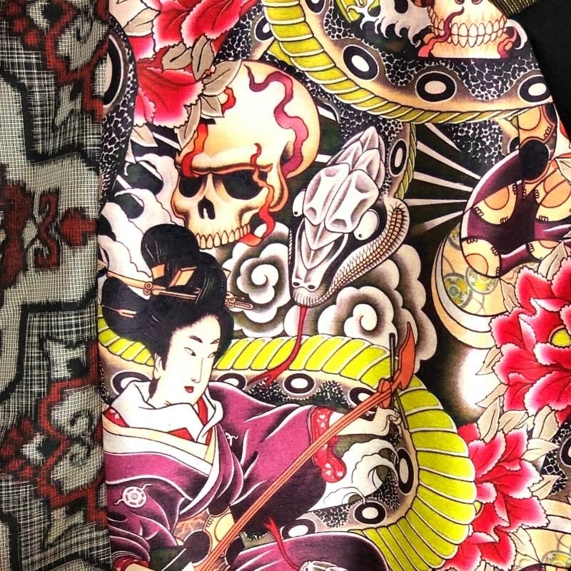 着物リメイク　トップス　Tシャツ　和柄　ハンドメイド　龍×シボリ×大島紬　一点物 着物リメイク トップス Tシャツ 和柄 ハンドメイド 龍×シボリ