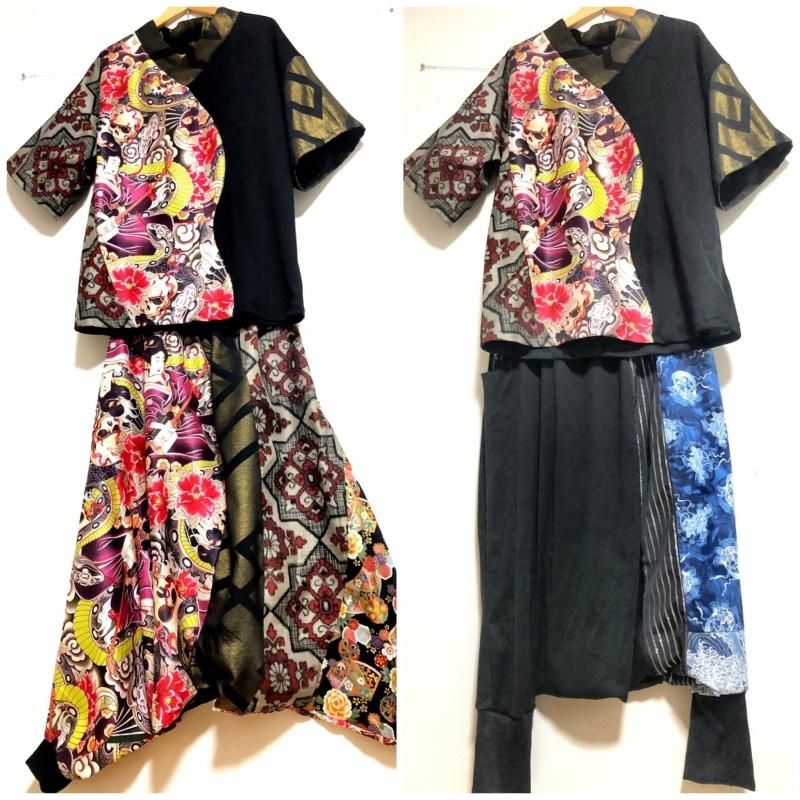 着物リメイク　トップス　Tシャツ　和柄　ハンドメイド　龍×シボリ×大島紬　一点物 着物リメイク トップス Tシャツ 和柄 ハンドメイド 龍×シボリ