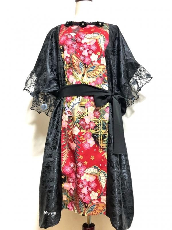 和柄ワンピースドレス 着物風柄金彩蝶や花 黒ジャガード薔薇 手作り和柄服神の手