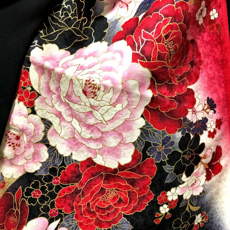 和柄振袖着物リメイクワンピースドレス ボリューム袖 黒×赤金彩牡丹豪華 花刺繍モチーフ 丈120 M〜XL-手作り和柄服神の手