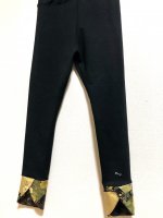 冬春用　和柄　お腹すっぽり裾変わりレギンスパンツ　黒ポンチニット×金彩留袖風扇や花