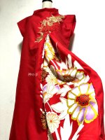 【即納】和柄振袖着物リメイクワンピースドレス　フレンチスリーブ　赤×唐花　丈100　L〜3L