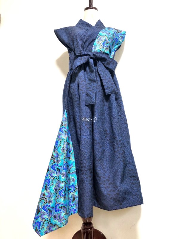 着物リメイク  正絹紬から変わり袖シンプルワンピース少し張りのある生地です