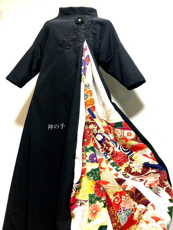 和柄振袖着物リメイクワンピースドレス 7分袖 黒×熨斗祝い柄 丈110 M