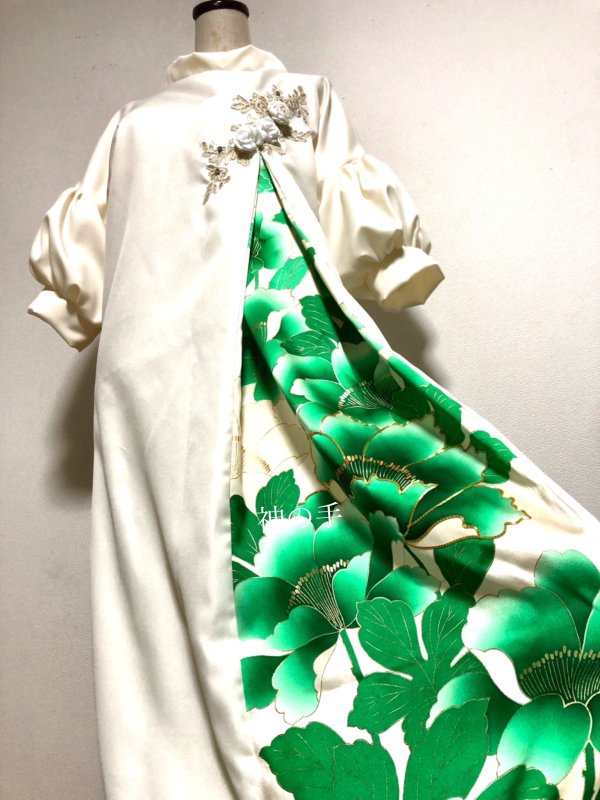 和柄着物リメイク　シルエット変形ワンピース　ドレス　和柄　オフ白×藤色　ハンドメイド