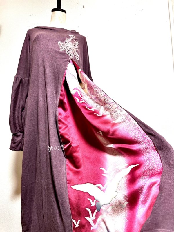 着物リメイク花柄の浴衣からのぽわん袖姫系ロングワンピース