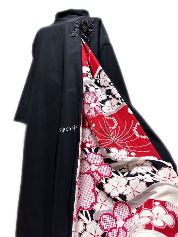 和柄 振袖着物リメイク ワンピースドレス 黒×桜 パールビーズ