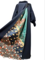 秋冬　和柄　振袖着物リメイク　ワンピースドレス　濃紺×グラデーション鳳凰や蝶や扇面　ぽわん長袖　丈120 M〜XL