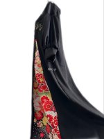 和柄　振袖着物リメイク　ワンピースドレス　黒×華やか牡丹や桜　ぽわん長袖　丈120 M〜XL