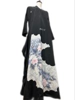 【即納】和柄　留袖　着物リメイク　アシンメトリータックワンピースドレス　クールカラー孔雀　黒　ブラックコーデ　丈125
