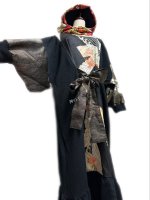 秋冬　和柄　着物リメイク　キレイめカジュアルワンピース　フーディ付き着物風袖　黒ニット×振袖扇子柄