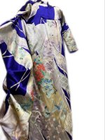 【即納】振袖　着物リメイク　アシンメトリータックワンピースドレス　和柄　青紫に熨斗花　丈120