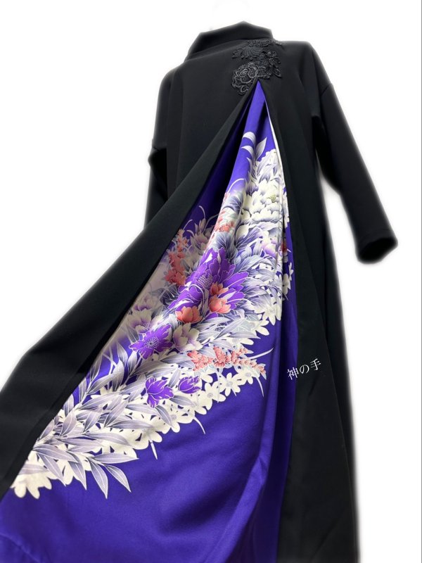 和柄 振袖着物リメイク ワンピースドレス 黒×美し麗し紫花 ブラック花 ...