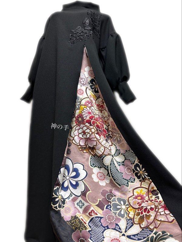 和柄 振袖着物リメイク ワンピースドレス 黒×梅鼠色に桜や菊 ブラック
