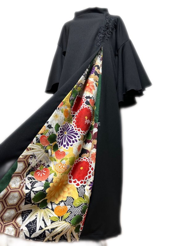和柄 振袖着物リメイク ワンピースドレス 黒×深緑に菊や橘・竹など 黒