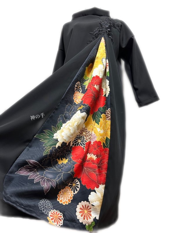 留袖　着物リメイク　アシンメトリードレス　黒に豪快鳳凰や花　和柄　ハンドメイド
