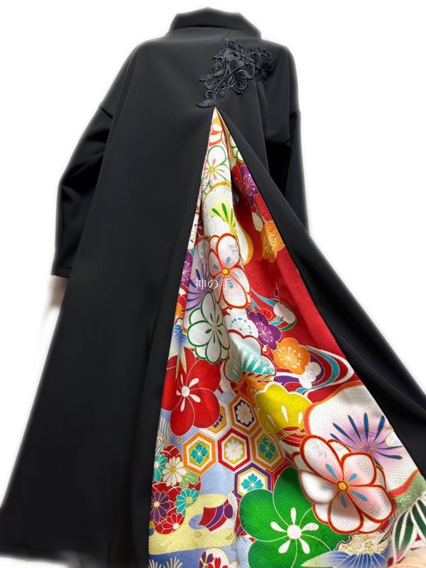 振袖 着物リメイク ワンピースドレス 和柄 黒×レトロポップ牡丹 
