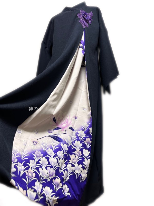 和柄 振袖着物リメイク ワンピースドレス 濃紺×紫・薄ピンク花