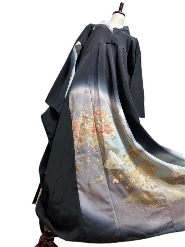 和柄 留袖 着物リメイク アシンメトリータックワンピースドレス 黒×桜