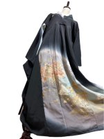 【即納】和柄　留袖　着物リメイク　アシンメトリータックワンピースドレス　黒×桜や松　着物袖風　丈120