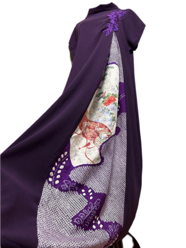 高身長！マキシ丈 和柄 振袖着物リメイク ワンピースドレス 紫×絞り花