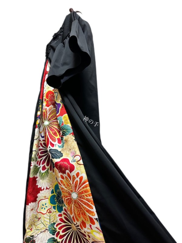留袖　着物リメイク　アシンメトリードレス　黒に豪快鳳凰や花　和柄　ハンドメイド