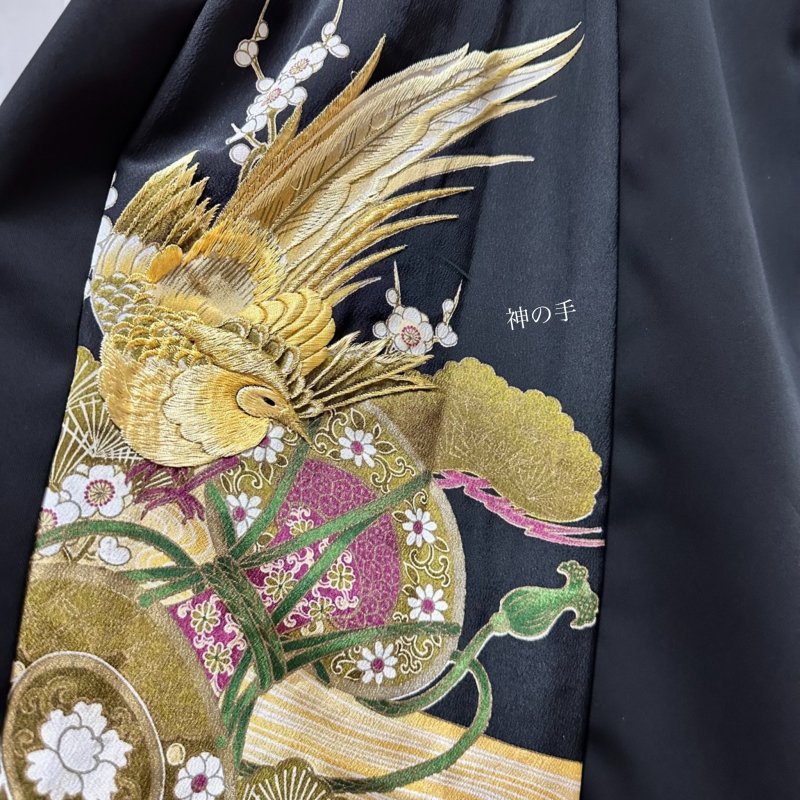 PARTY着物リメイク　黒留袖　マキシ丈ワンピース　ドレス　丸に梅鉢文　金箔　金彩　駒刺繍