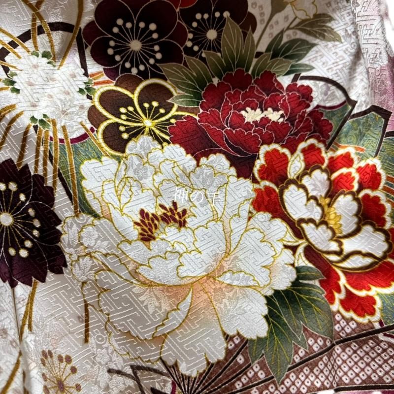 振袖 着物リメイク ドレス 和柄 ワンピース 亜麻色×菊や牡丹