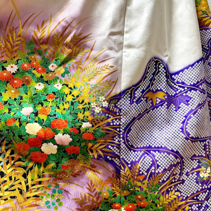 【即納】振袖　着物リメイク　アンサンブル　セットアップ　2WAYバルーンスカート＆羽織り　白紫に美しい花々×青紫金刺繍大輪花