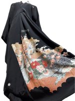 和柄　留袖着物リメイク　アシンメトリータックワンピースドレス　　黒に刺繍鳥や花　ベルスリーブ上部スリット袖　丈125