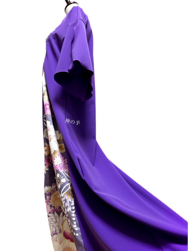 即納】マキシ丈 和柄 振袖着物リメイク ワンピースドレス 紫に七宝