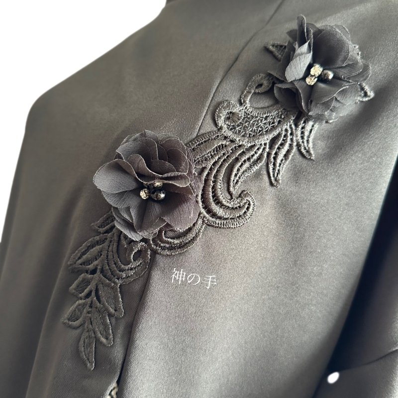 マキシ丈 和柄 振袖着物リメイク ワンピースドレス 黒×モノクロシック 