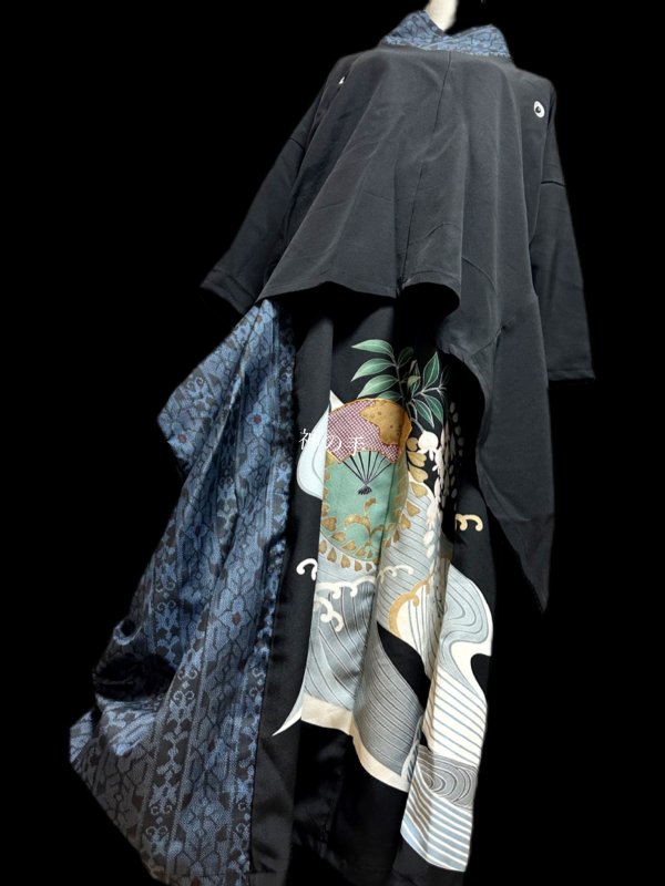 即納】和柄 留袖×大島紬 着物リメイク 和装セットアップ スーツ 着物襟