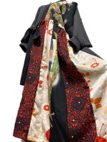 冬春　着物リメイク　シルエット変形自由自在　和柄ドレス　ワンピース　ウール混チャコール×留袖、菊模様など　丈125 M〜3L