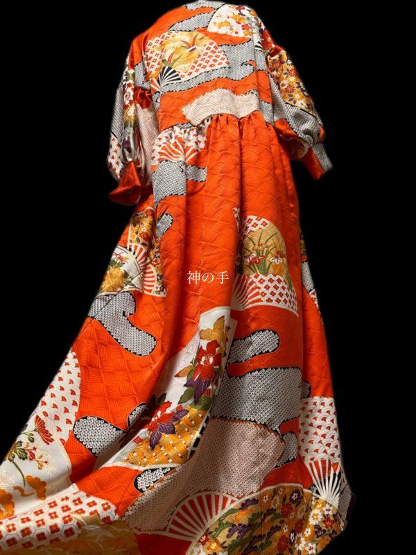 振袖 着物リメイク すっきり切替ワンピースドレス 橙に雉や花 和柄 