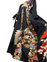 着物リメイク　シルエット変形自由自在　和柄ドレス　ワンピース　黒×留袖、金彩　丈120 M〜3L