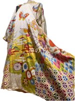 【即納】振袖　着物リメイク　和柄　すっきり切替ドレス　ワンピース　カラフル蝶々や刺繍鼓　丈115 M〜XL