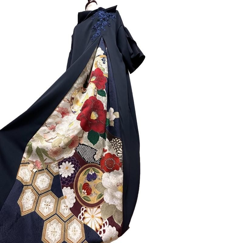 着物リメイク ワンピース 大島紬 ウエスト切替ギャザー 椿 L〜LL 人気