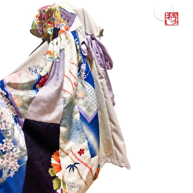 留袖　着物リメイク　ドレス　ポイント和柄切替　竹麻の葉　ハンドメイド　ワンピース 留袖 着物リメイク ドレス ポイント和柄切替 竹麻の葉 ハンドメイド