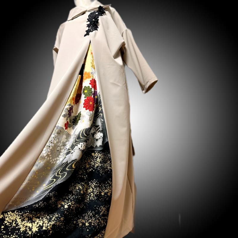 振袖 着物リメイク フーディドレス 和柄 ワンピース 薄グレー×金彩牡丹