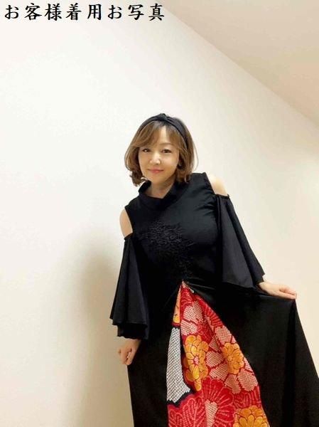 肩出し振袖着物リメイクドレス 和柄ワンピース 黒×赤シボリ模様