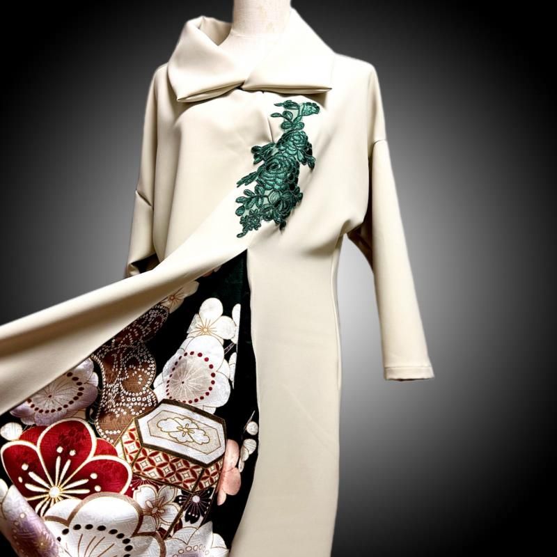 振袖　着物リメイク　ドレス　絣カットソー×シボリ　和柄　ハンドメイド　ワンピース 振袖 着物リメイク ドレス 絣カットソー×シボリ 和柄
