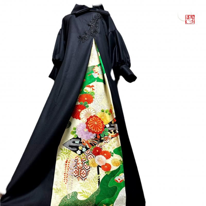 振袖 着物リメイク ドレス 赤桃におしどりや花鶴 和柄
