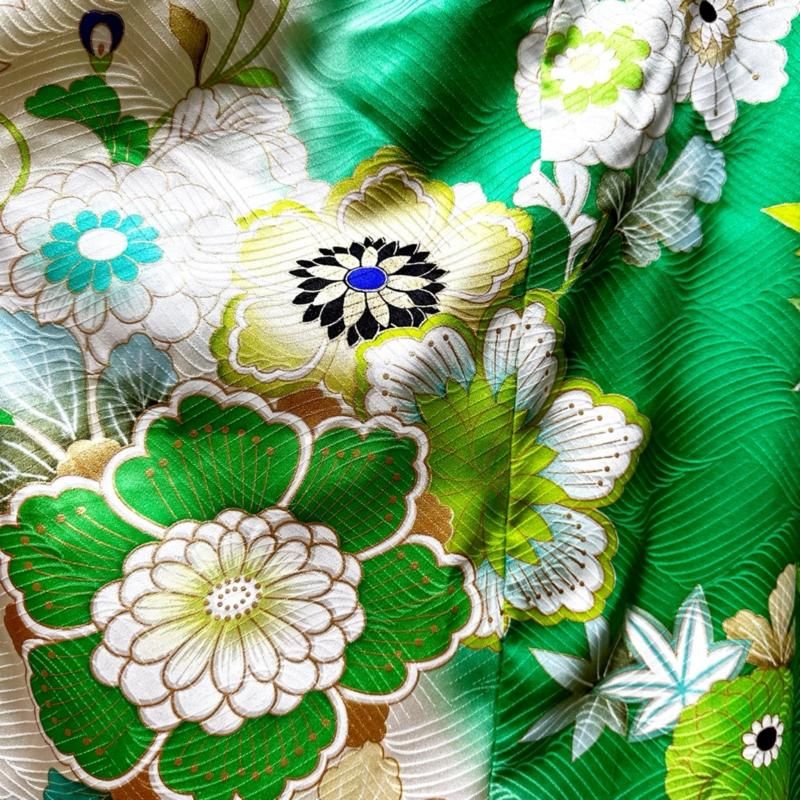 ムーミン様☆正絹 今紫 花束刺繍 振袖リメイク切替ドレス まとめ 正統派古典 黒/シルバー 牡丹柄/和柄 キラキラ 渋い かっこいい