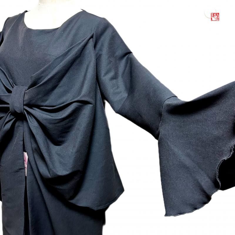 振袖　着物リメイク　ドレス　ドレープリボン　黒×紫に牡丹　和柄　ハンドメイド 着物ドレス 紫 振袖 [花] | 着物ドレス・留袖ドレス【Dahlianty
