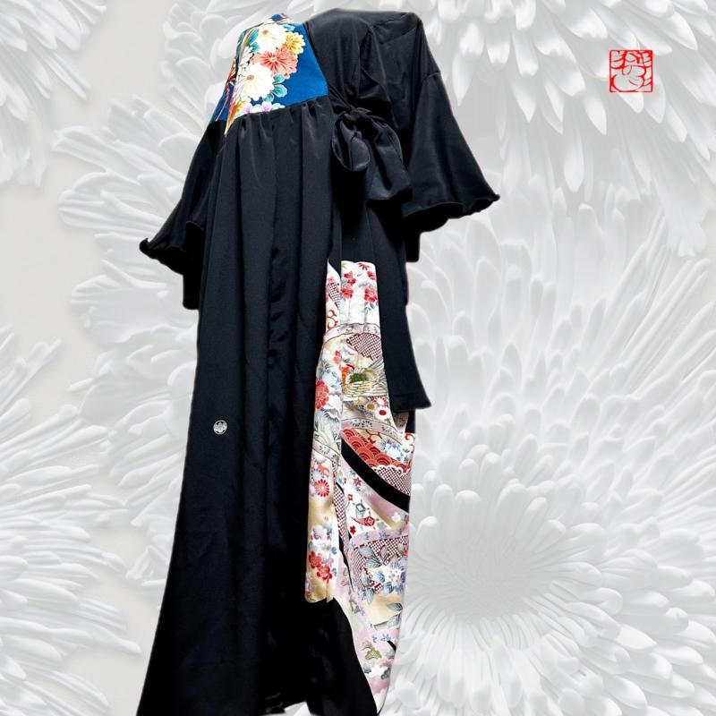 即納】留袖×振袖 着物リメイクシルエット変形ドレス 和柄