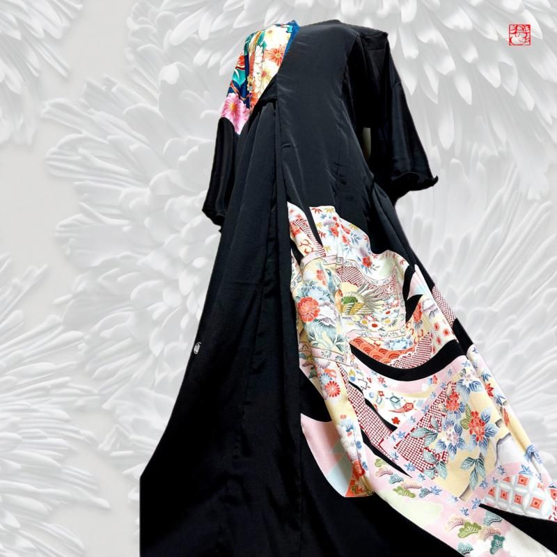 留袖　着物リメイク　ドレス　シルエット変形　龍×刺繍鳳凰　和柄　ハンドメイド 留袖 着物リメイク シルエット変形 ドレス 龍×鳳凰 和柄