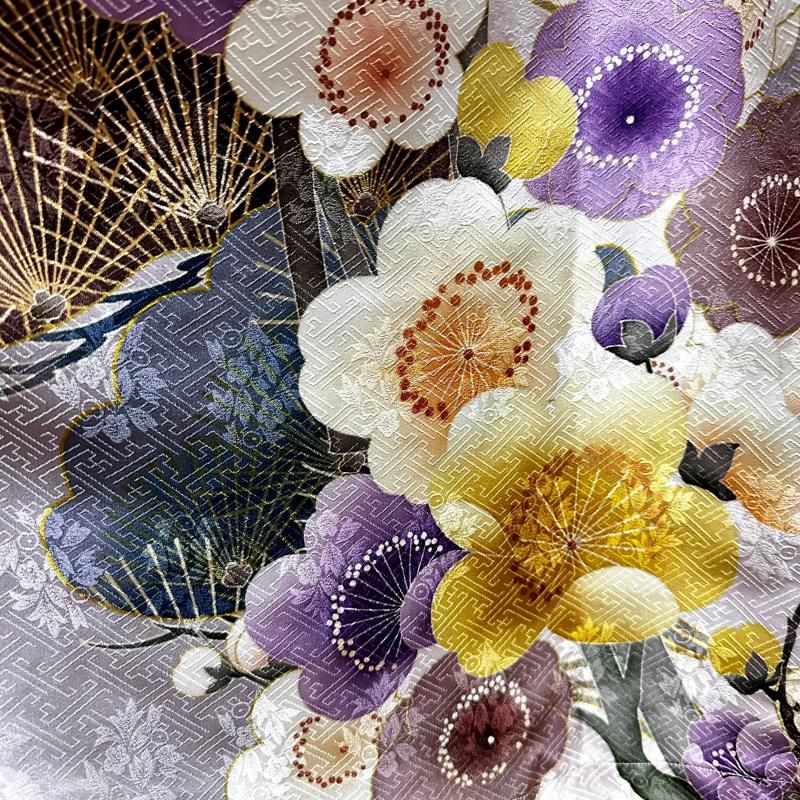 振袖　着物リメイク　ドレス　スッキリ切替　ライトグレー×青花　和柄　ハンドメイド 78be3538b72afe2e5e3368919b6525