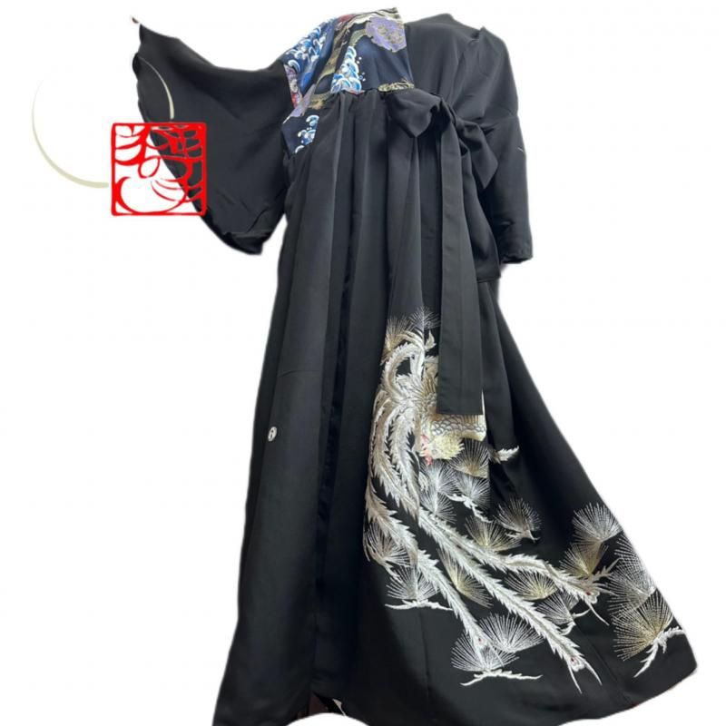 留袖 着物リメイクシルエット変形ドレス 和柄ワンピース 黒に高級刺繍